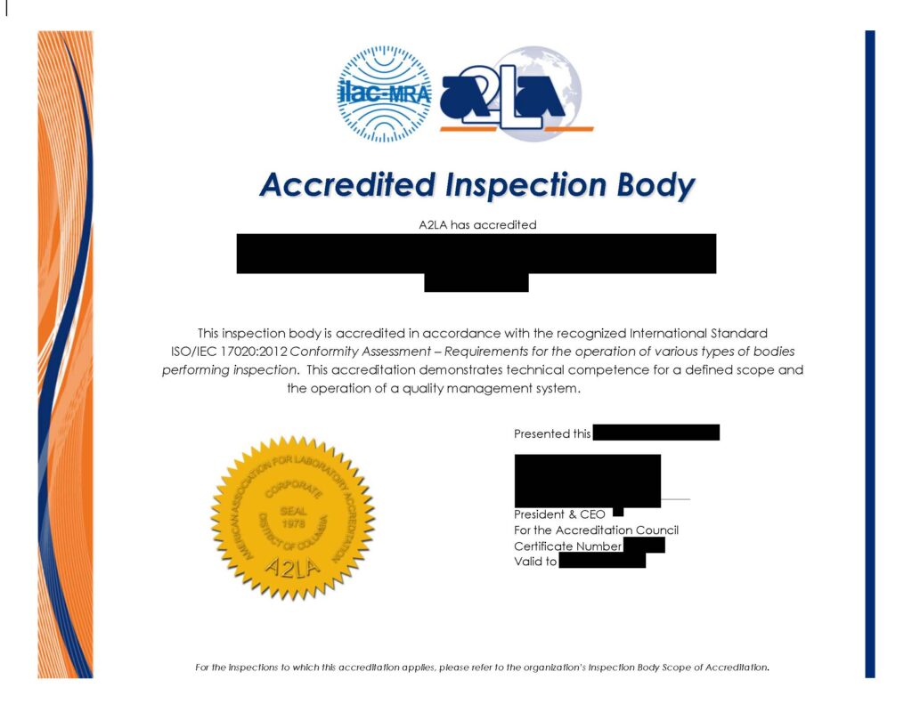 A2LA Special Inspection Agency Certificate of Accreditation